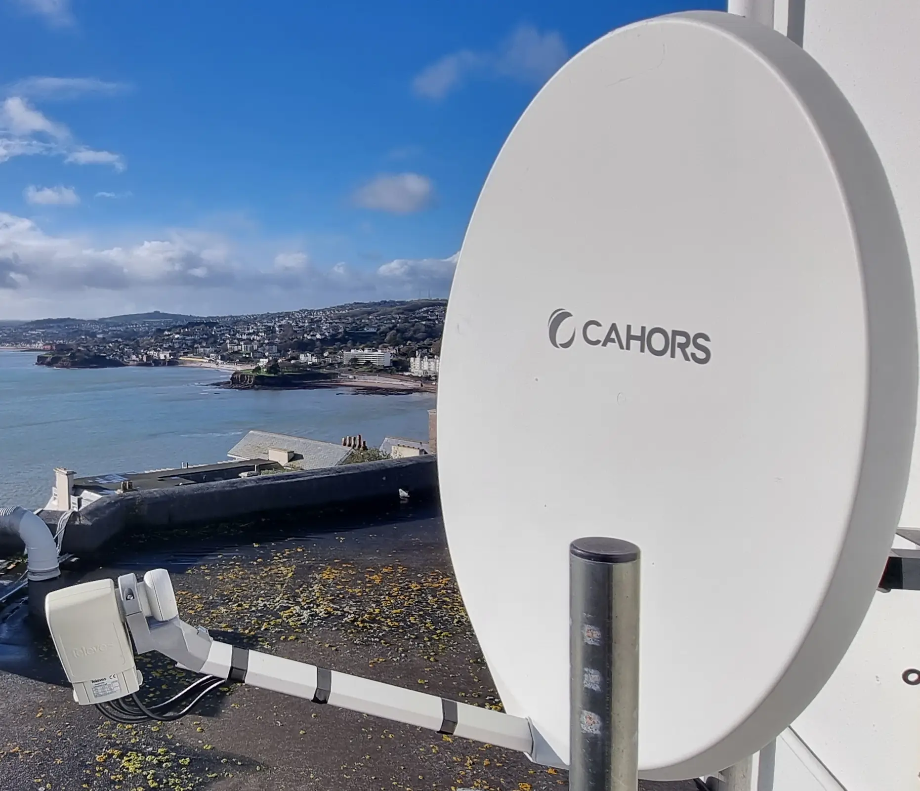 freesat dish torquay Close-up of satellite dish with cables neatly routed and connected to a Freesat box in Torquay