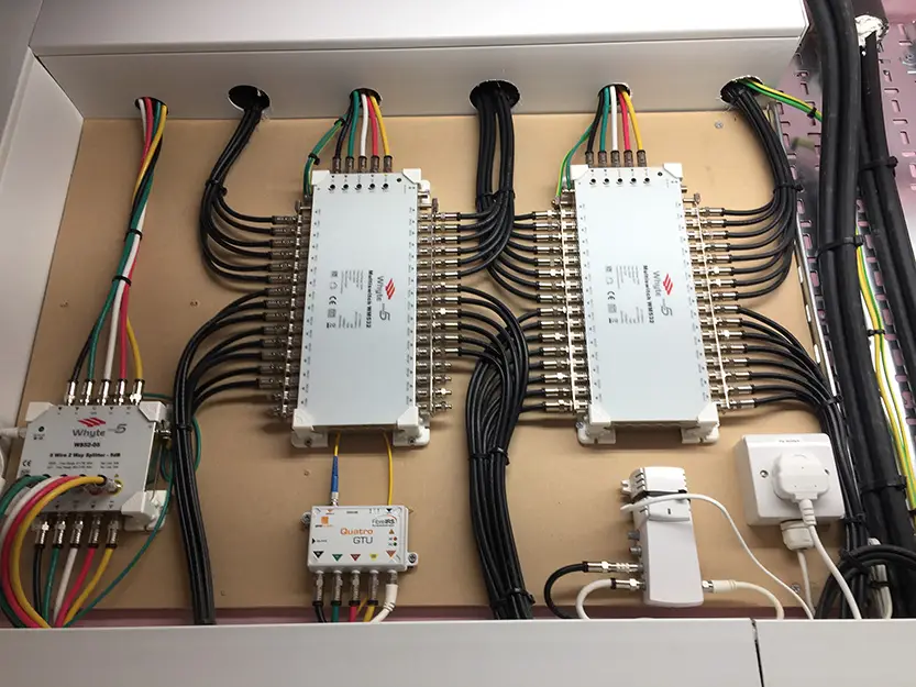 IRS TV system paignton Technician setting up an Integrated Reception System (IRS) for a housing development in South Devon, distributing satellite and aerial signals